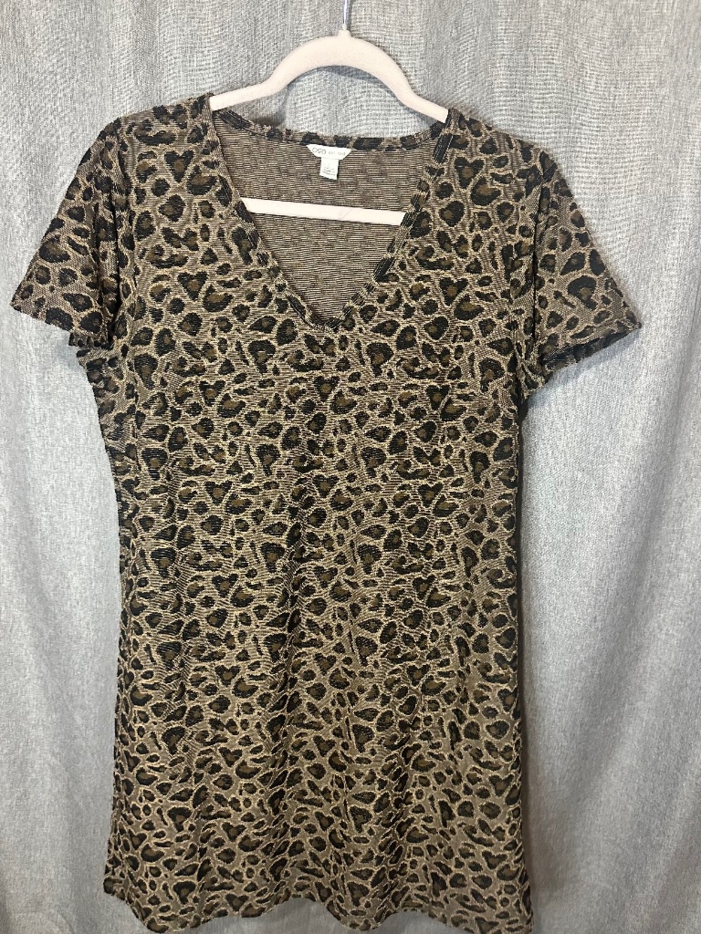 Cato Metallic Gold Lurex Leopard Print V-Neck Short Sleeve Dress - Large